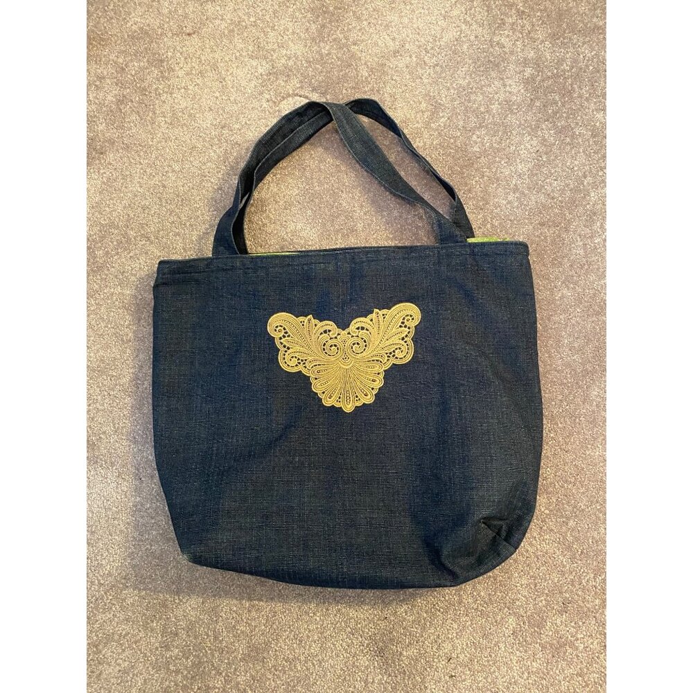 Denim Tote Bag Embroidered Gold Design Green Lining Large